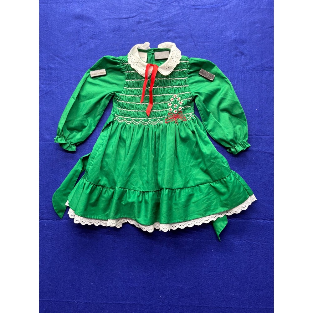 Girls Polly Flinders Hand Smocked Christmas Dress Size 5 Green